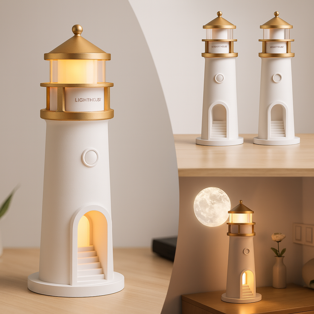 Moon & Lighthouse Projection Lamp – USB Rechargeable Night Light with Remote & Motion Sensor