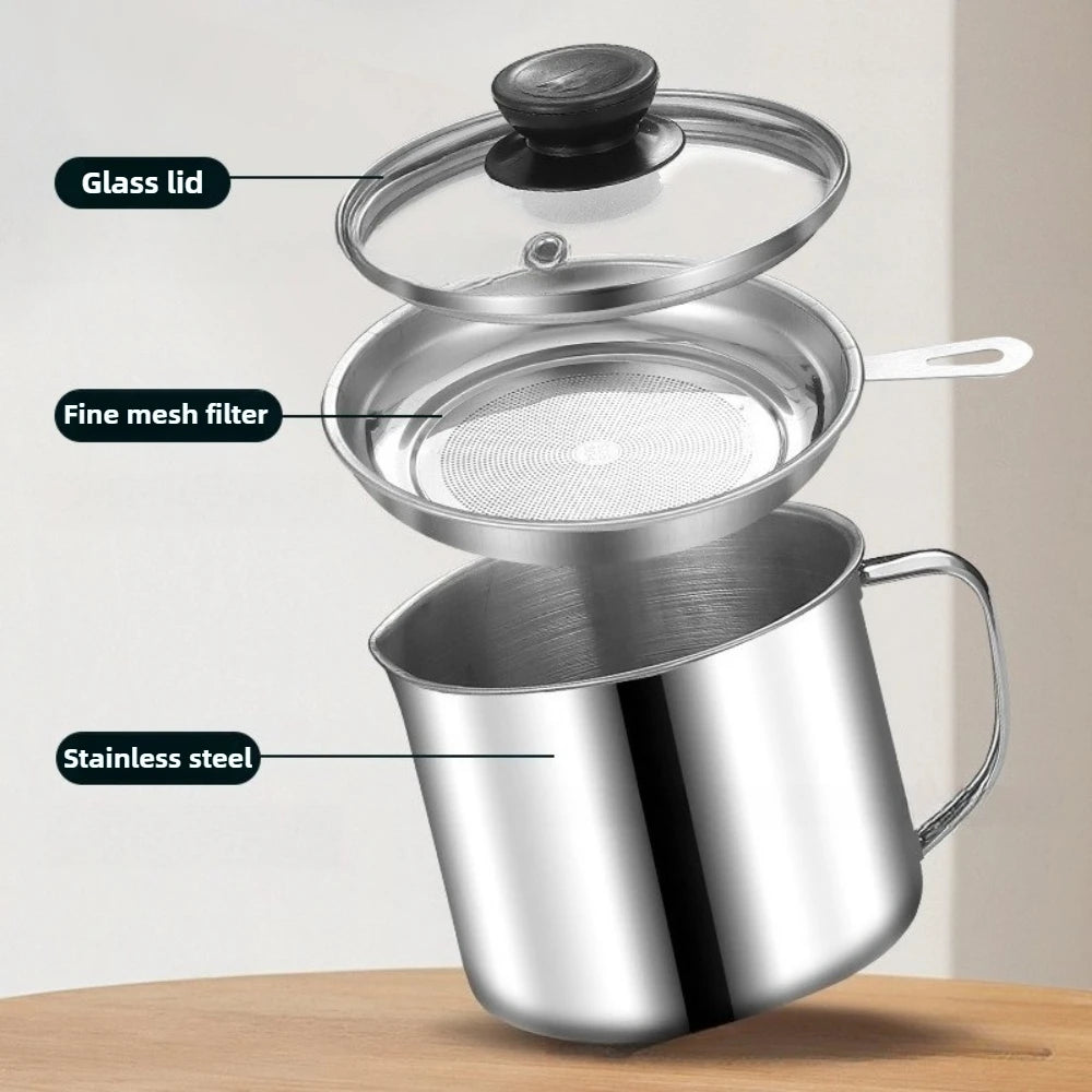 Stainless Steel Oil Filter Pot with Strainer and Lid