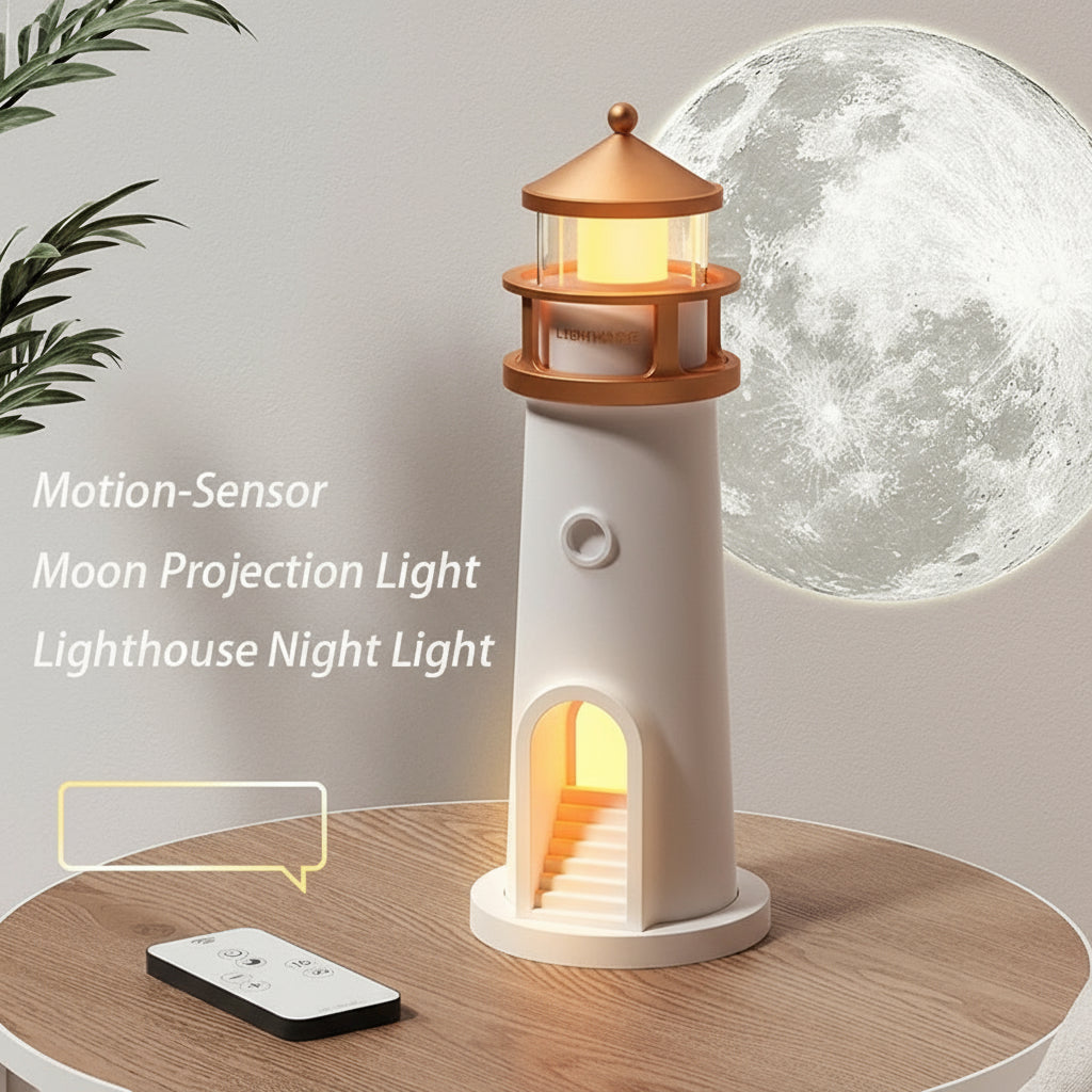 Moon & Lighthouse Projection Lamp – USB Rechargeable Night Light with Remote & Motion Sensor