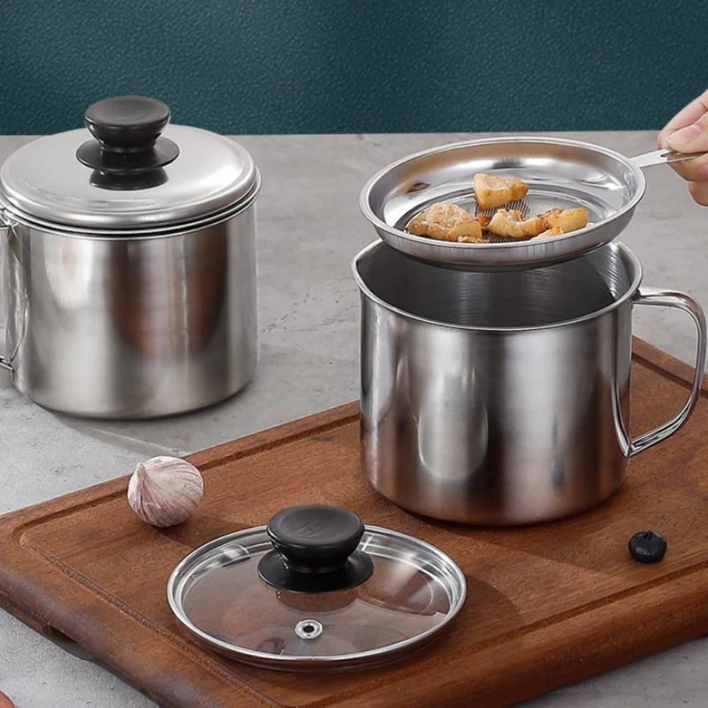 Stainless Steel Oil Filter Pot with Strainer and Lid