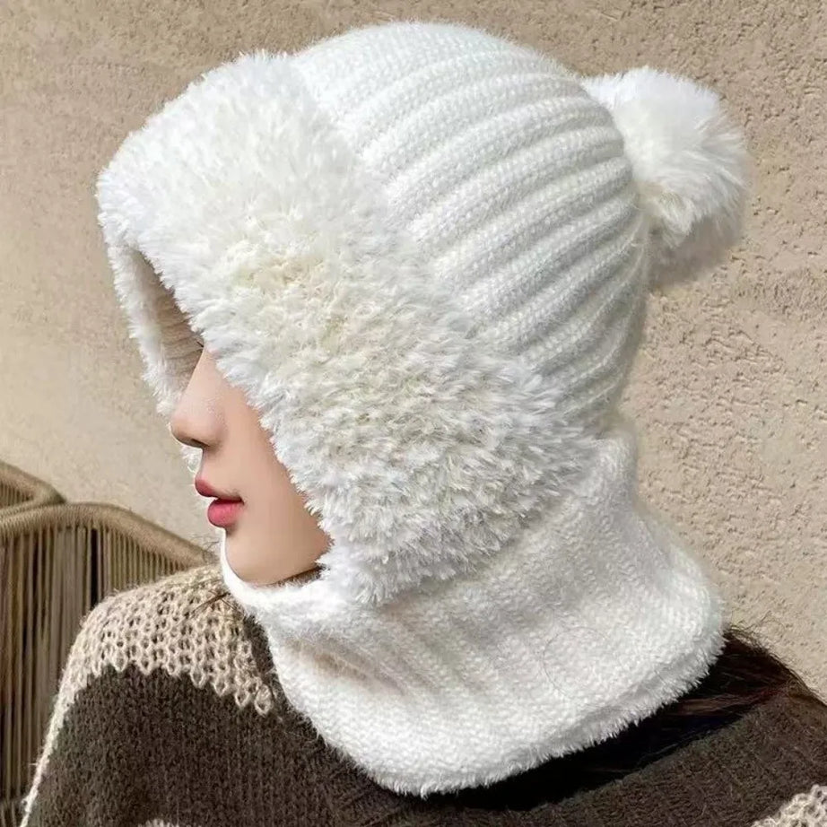New Warm Scarf Mask Integrated Hat Windproof Coldproof Hooded Hat Pompom Beanie Hat Women
