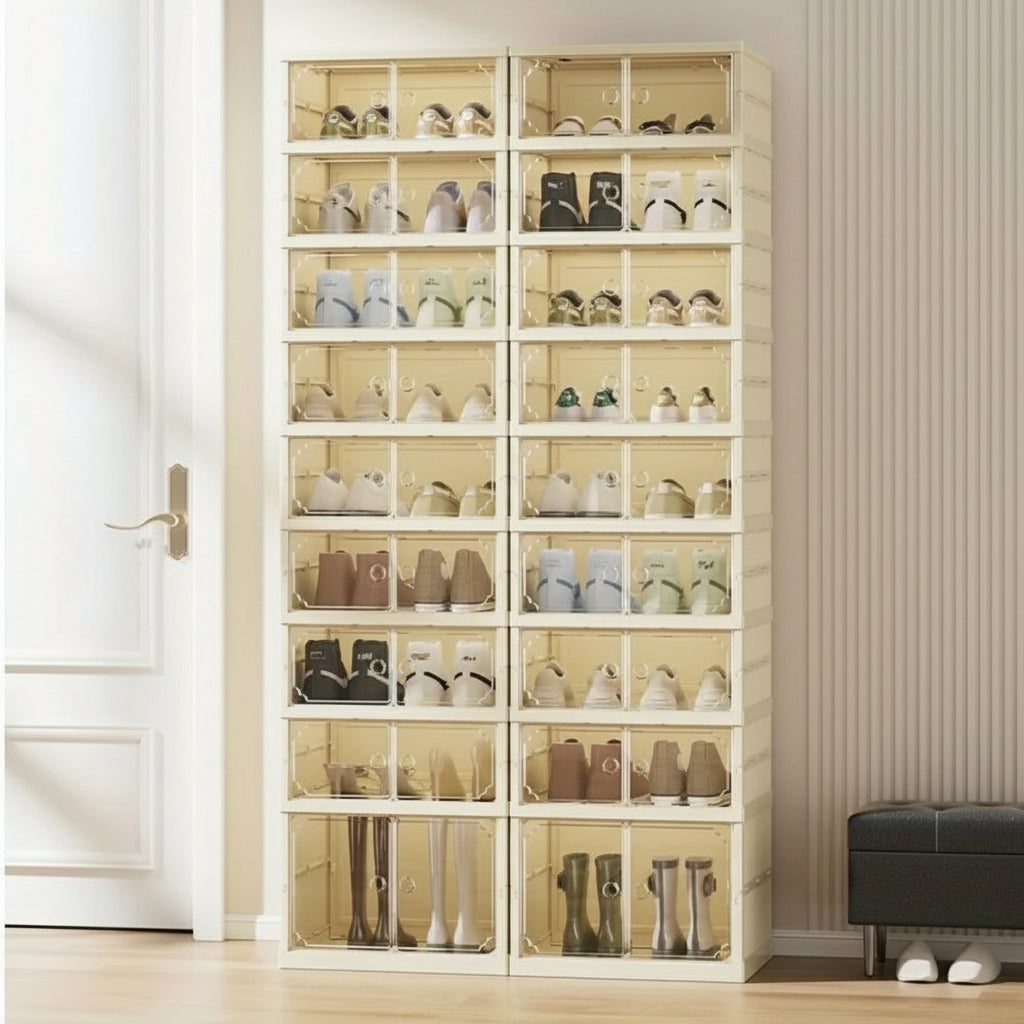 Folding Shoe Storage Box with Transparent Magnetic Door – Portable Organizer Bins for Closet, Entryway & Space-Saving Home Storage