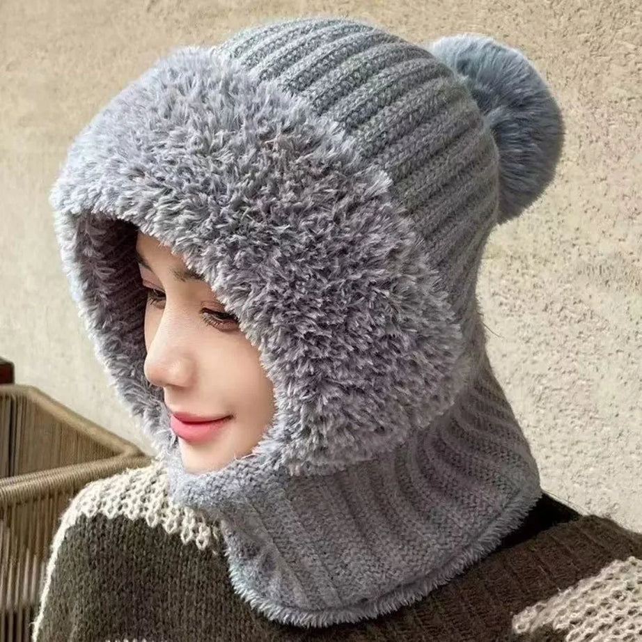 New Warm Scarf Mask Integrated Hat Windproof Coldproof Hooded Hat Pompom Beanie Hat Women
