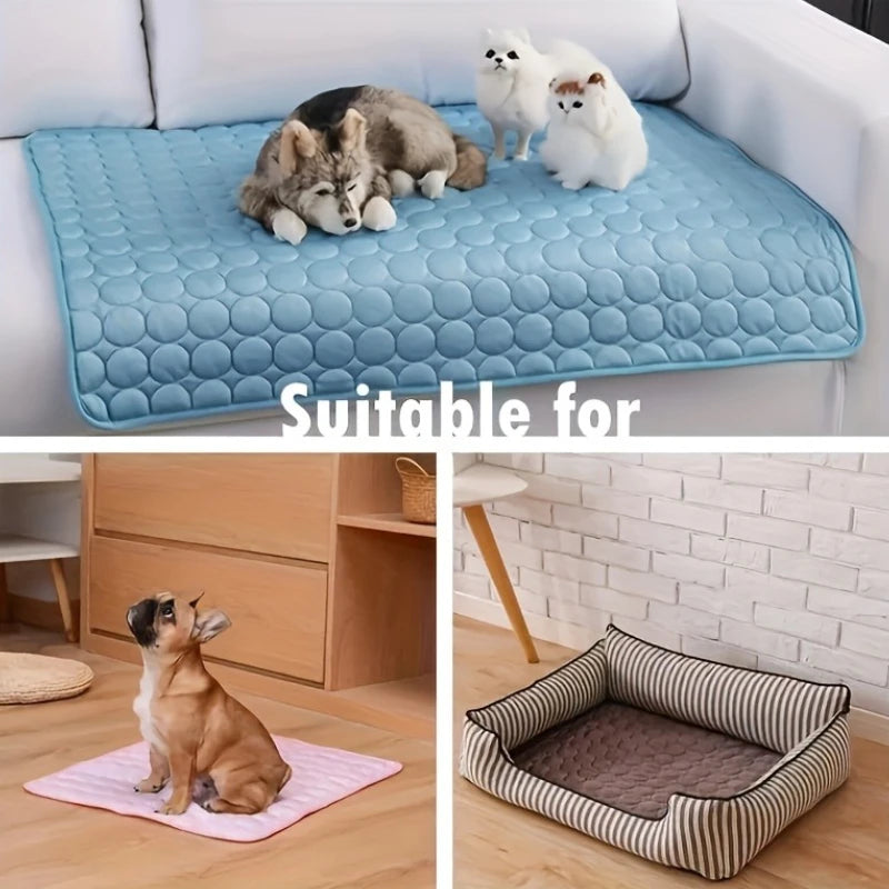 Cooling mat on sofa, floor, and pet bed
