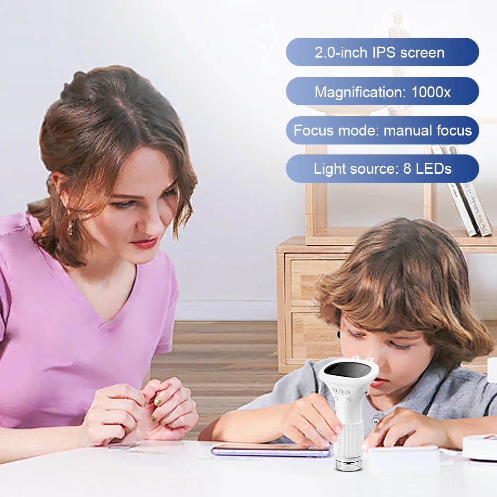 Microscope specs: 2.0-inch IPS screen, 1000x, manual focus, 8 LEDs