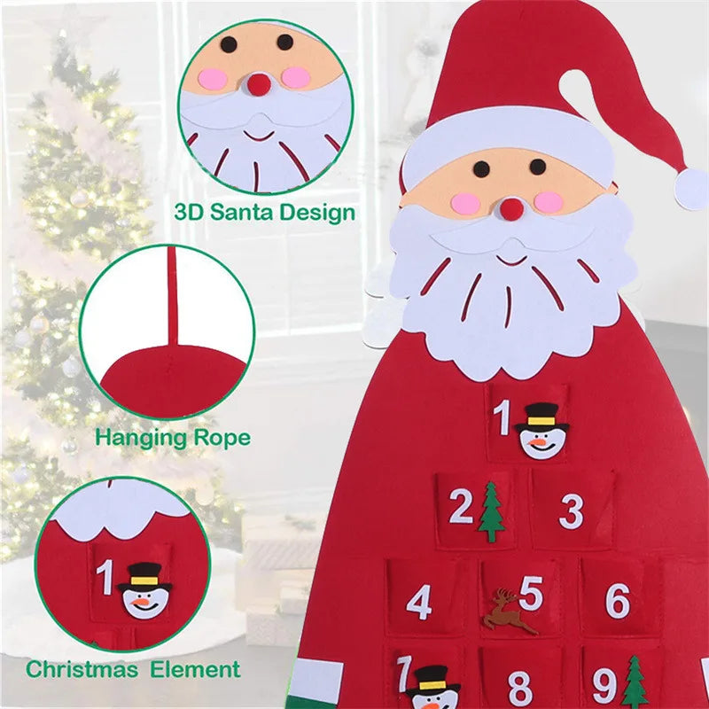 Details: 3D Santa face, hanging rope, numbered pockets
