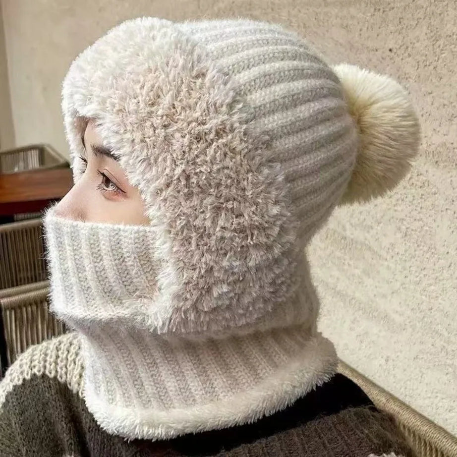 New Warm Scarf Mask Integrated Hat Windproof Coldproof Hooded Hat Pompom Beanie Hat Women