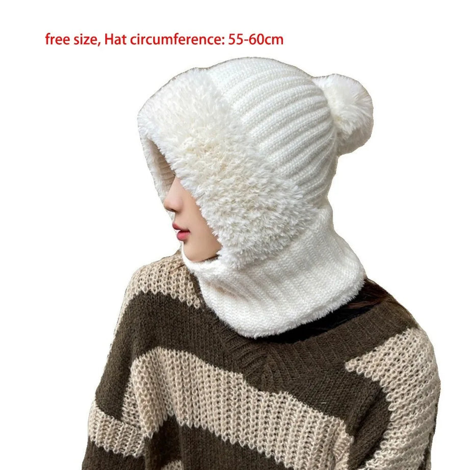 New Warm Scarf Mask Integrated Hat Windproof Coldproof Hooded Hat Pompom Beanie Hat Women