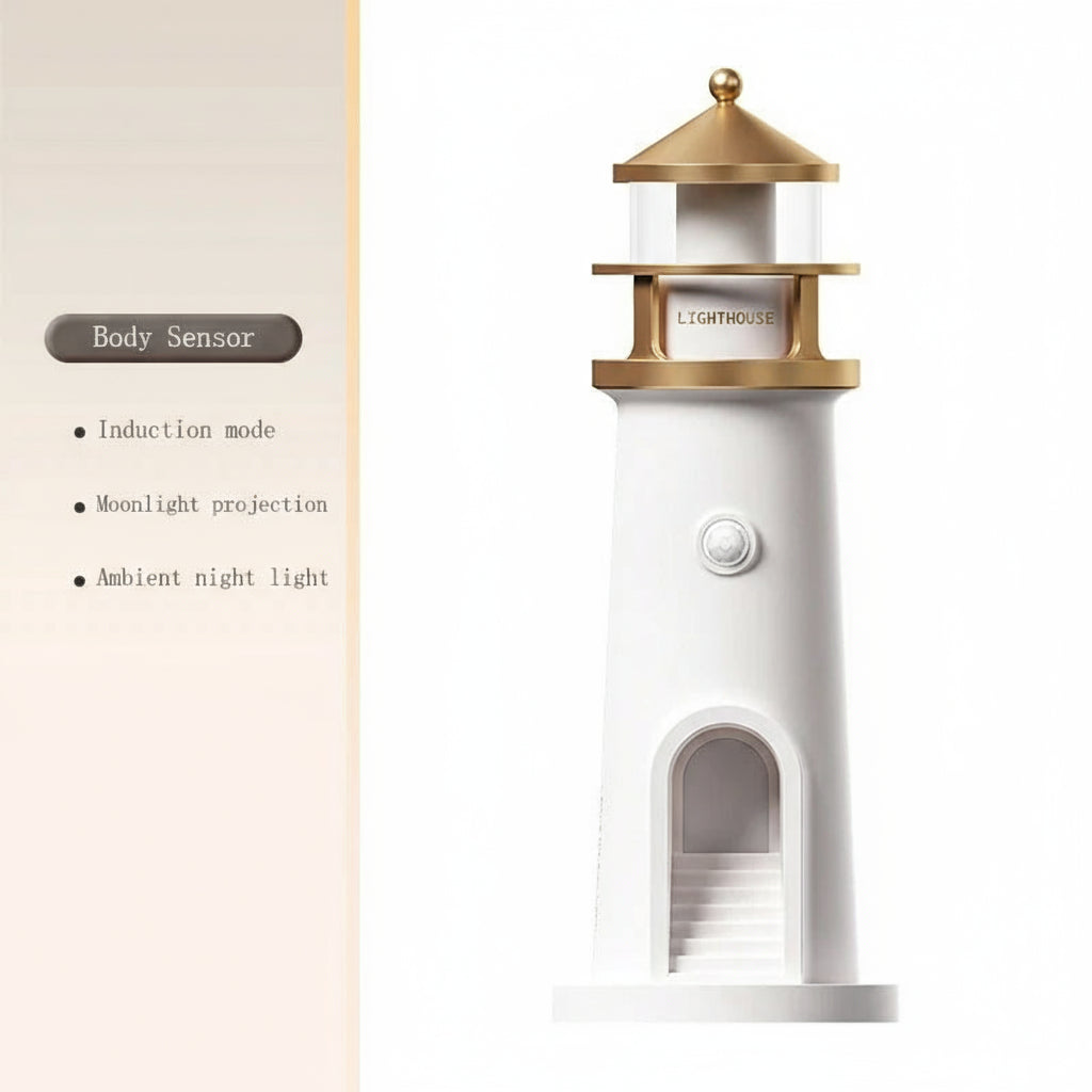 Moon & Lighthouse Projection Lamp – USB Rechargeable Night Light with Remote & Motion Sensor