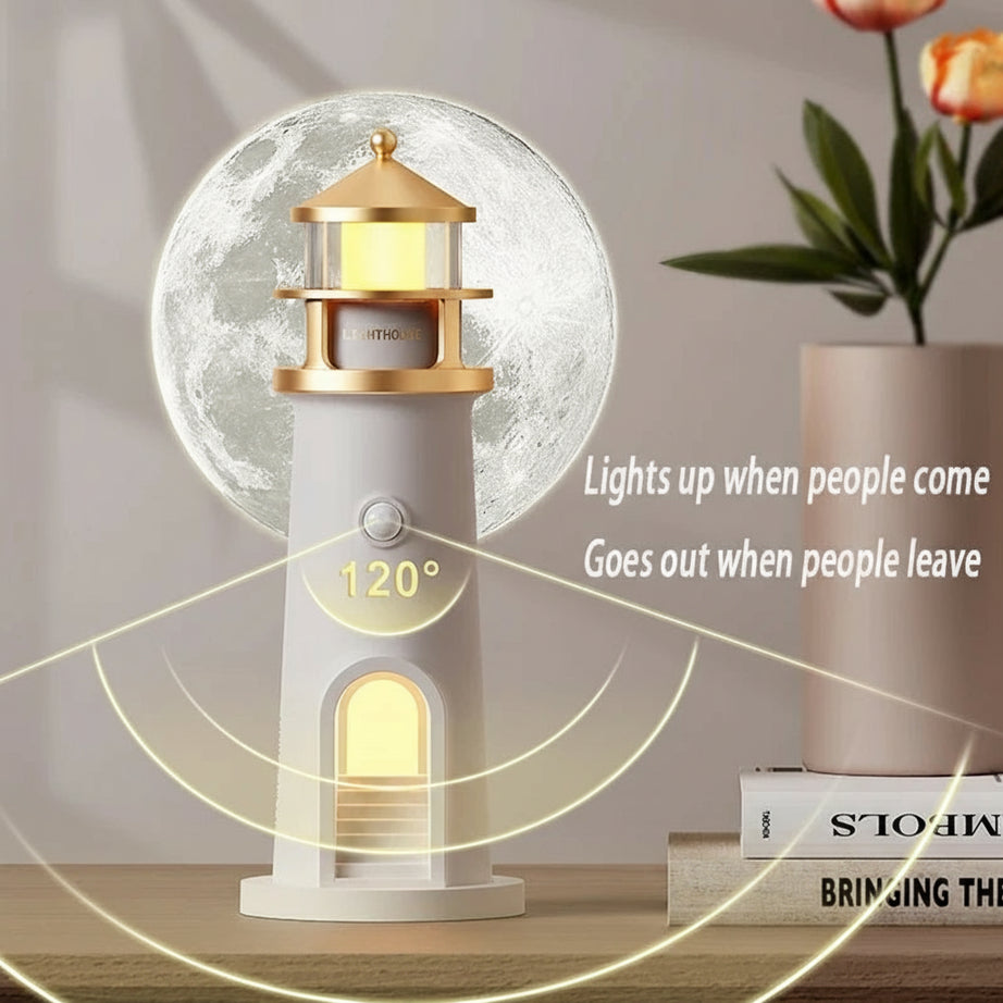 Moon & Lighthouse Projection Lamp – USB Rechargeable Night Light with Remote & Motion Sensor