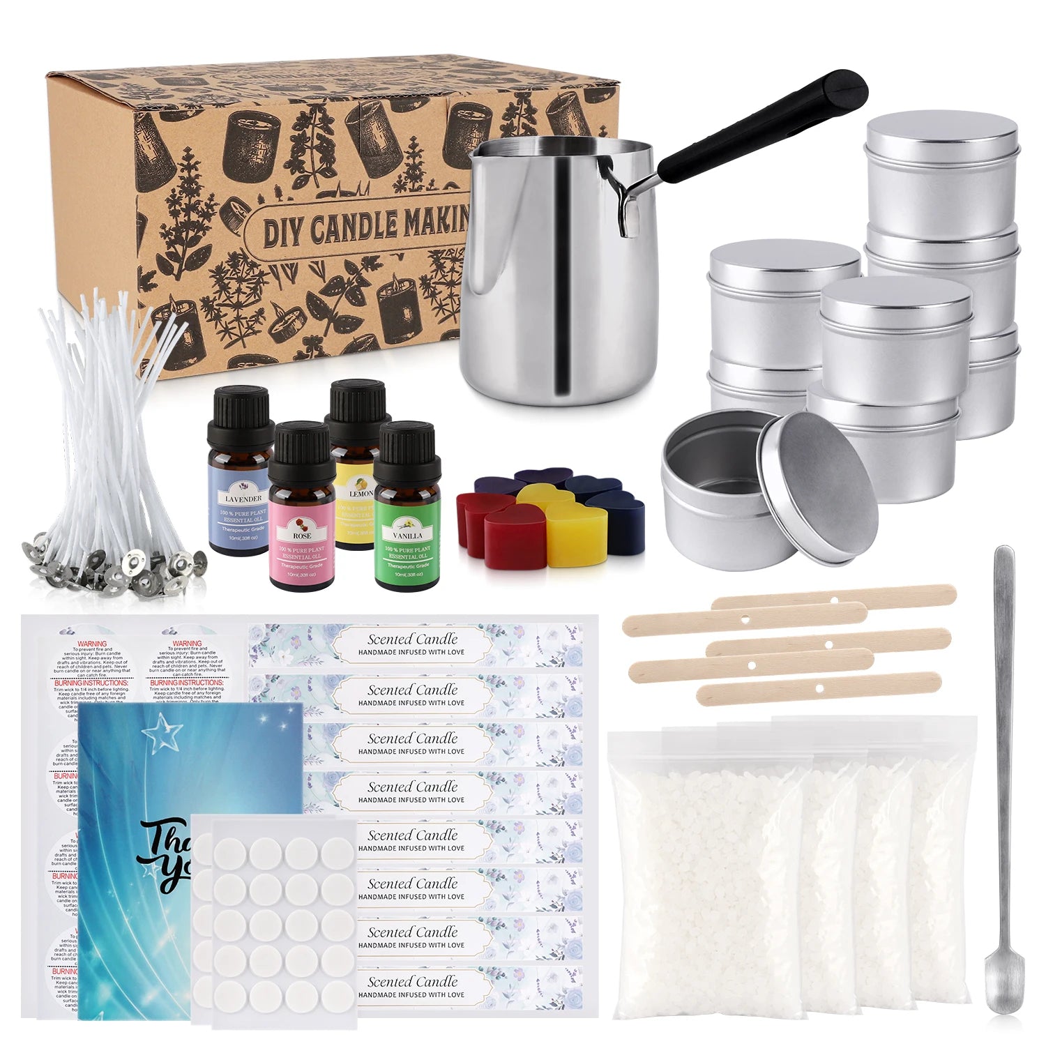 DIY Aromatherapy Candle Making Kit – Long-Handled Wax Cups, Soy Wax, Essential Oils & Stickers for Handmade Holiday Gifts