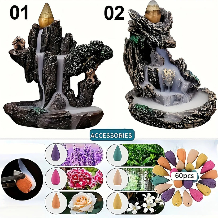 Mountains & Waterfall Backflow Incense Burner with 60 Cones