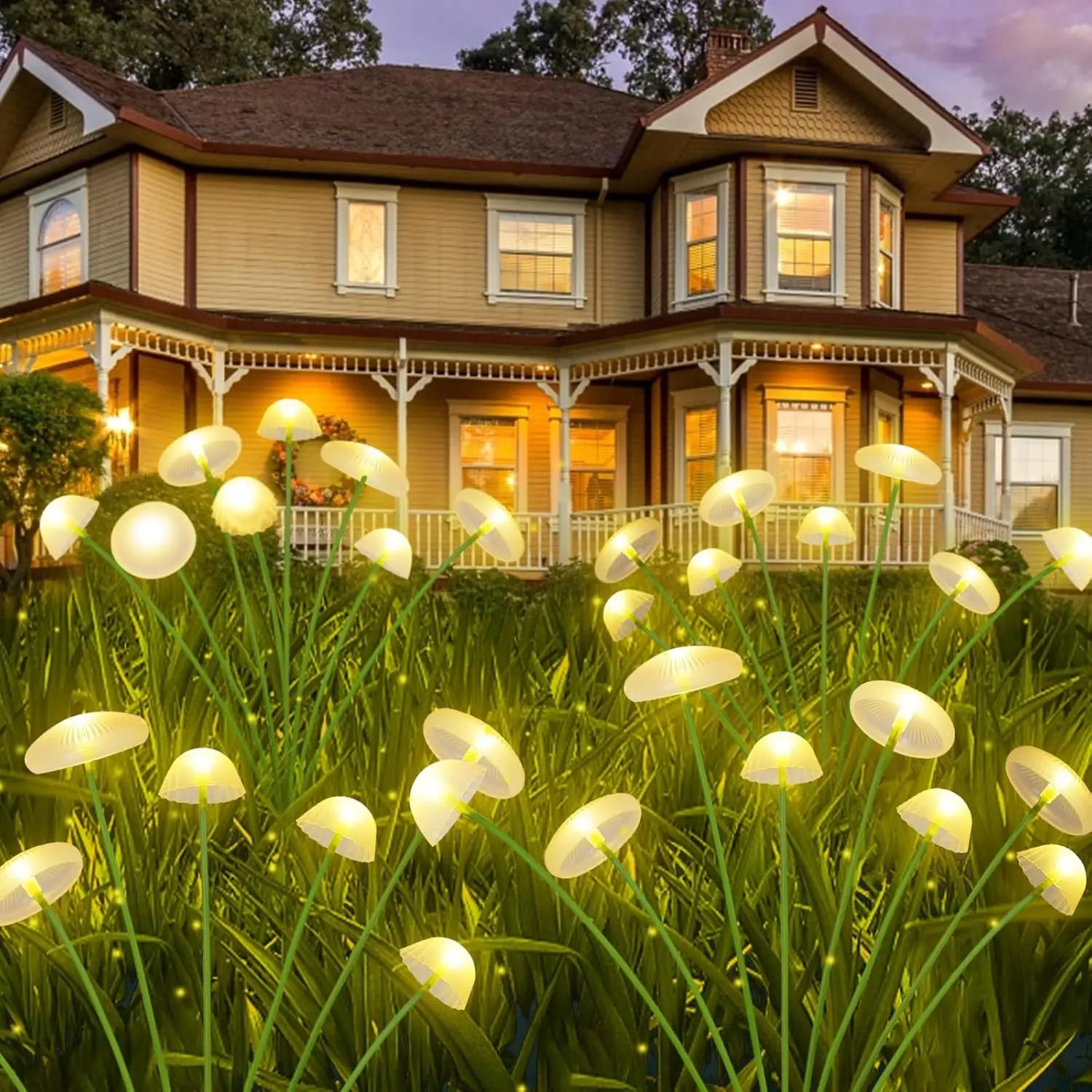 Solar jellyfish mushroom lamp glowing in garden