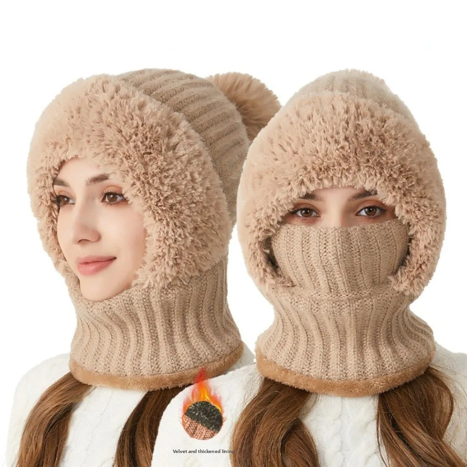 New Warm Scarf Mask Integrated Hat Windproof Coldproof Hooded Hat Pompom Beanie Hat Women