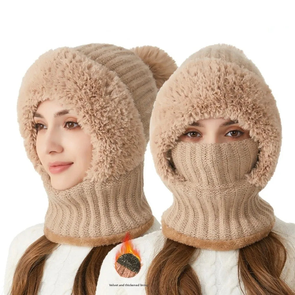 New Warm Scarf Mask Integrated Hat Windproof Coldproof Hooded Hat Pompom Beanie Hat Women