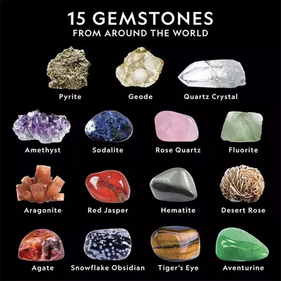 15 gemstones from around the world: pyrite, geode, quartz, amethyst, sodalite, rose quartz, fluorite, aragonite, red jasper, hematite, desert rose, agate, snowflake obsidian, tiger’s eye, aventurine
