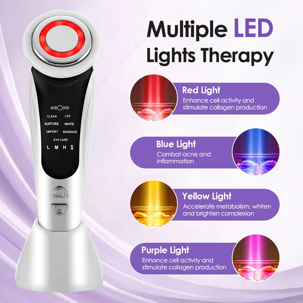 Multiple LED light therapy modes — red, blue, yellow, purple