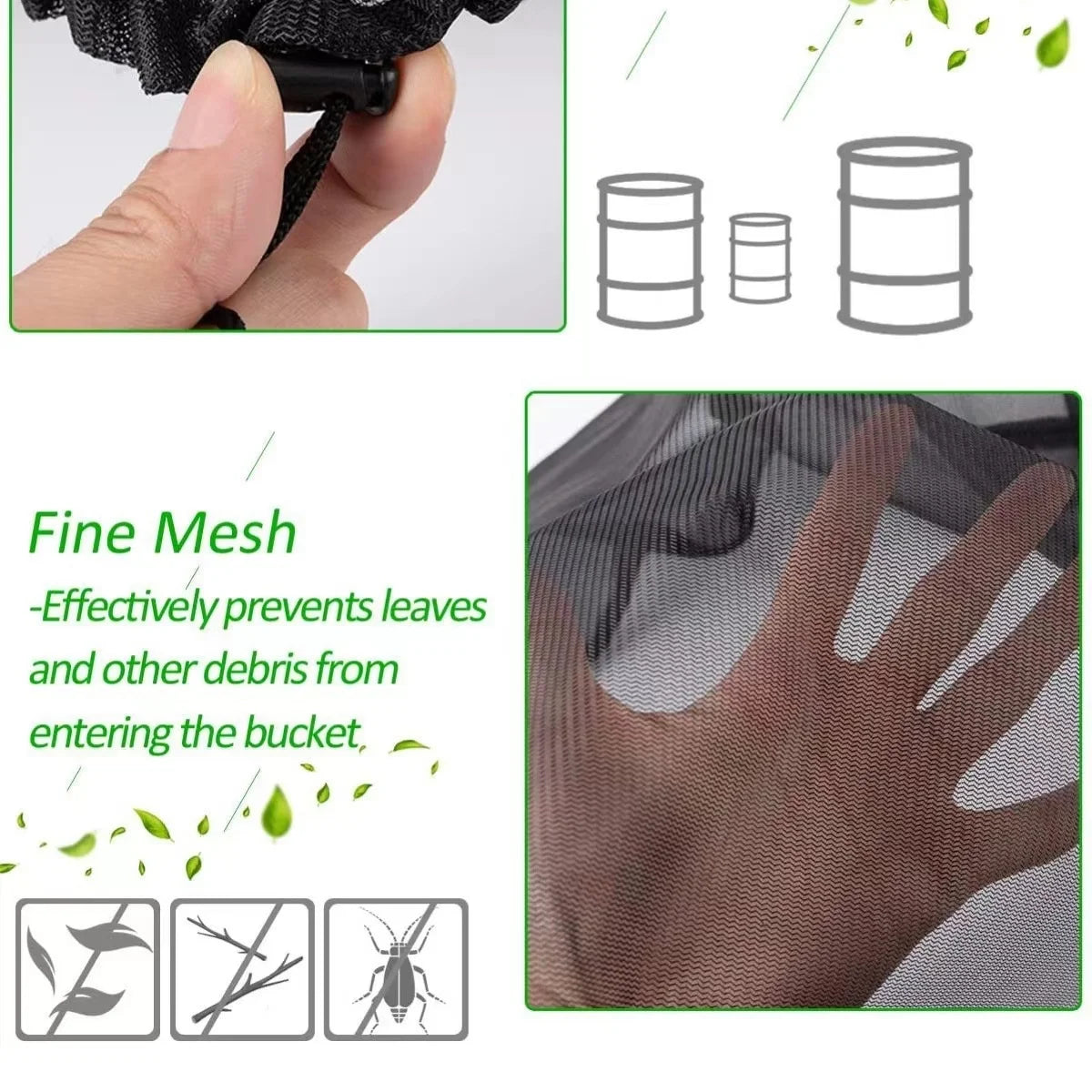Rain barrel mesh cover with drawstring — hero view