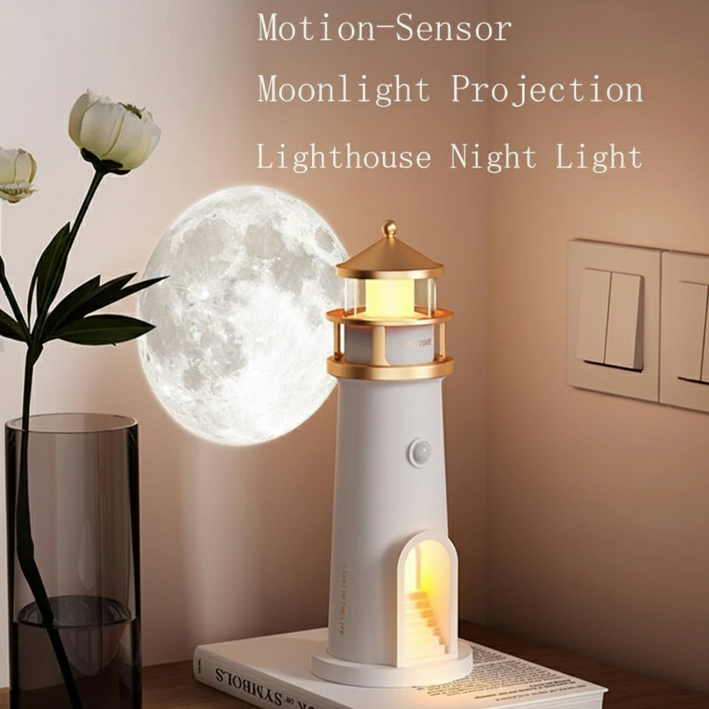 Moon & Lighthouse Projection Lamp – USB Rechargeable Night Light with Remote & Motion Sensor