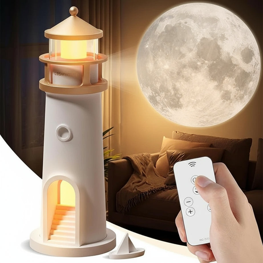 Moon & Lighthouse Projection Lamp – USB Rechargeable Night Light with Remote & Motion Sensor