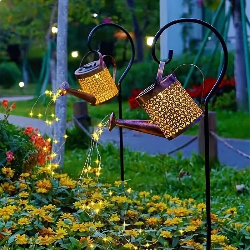 Solar watering can lantern — patio ambience