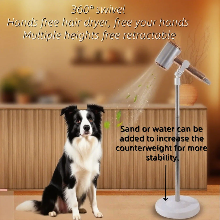 Dog Hair Dryer Stand – Hands-Free 360° Rotating Holder with Adjustable Height for Pet Grooming