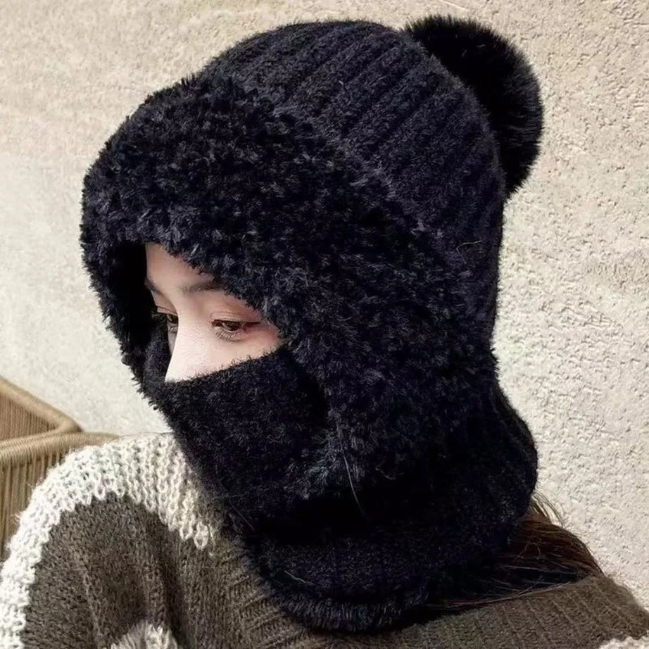 New Warm Scarf Mask Integrated Hat Windproof Coldproof Hooded Hat Pompom Beanie Hat Women