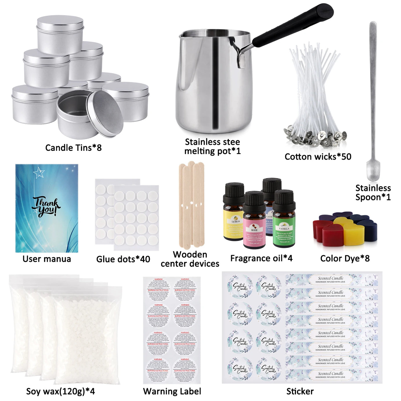 DIY Aromatherapy Candle Making Kit – Long-Handled Wax Cups, Soy Wax, Essential Oils & Stickers for Handmade Holiday Gifts