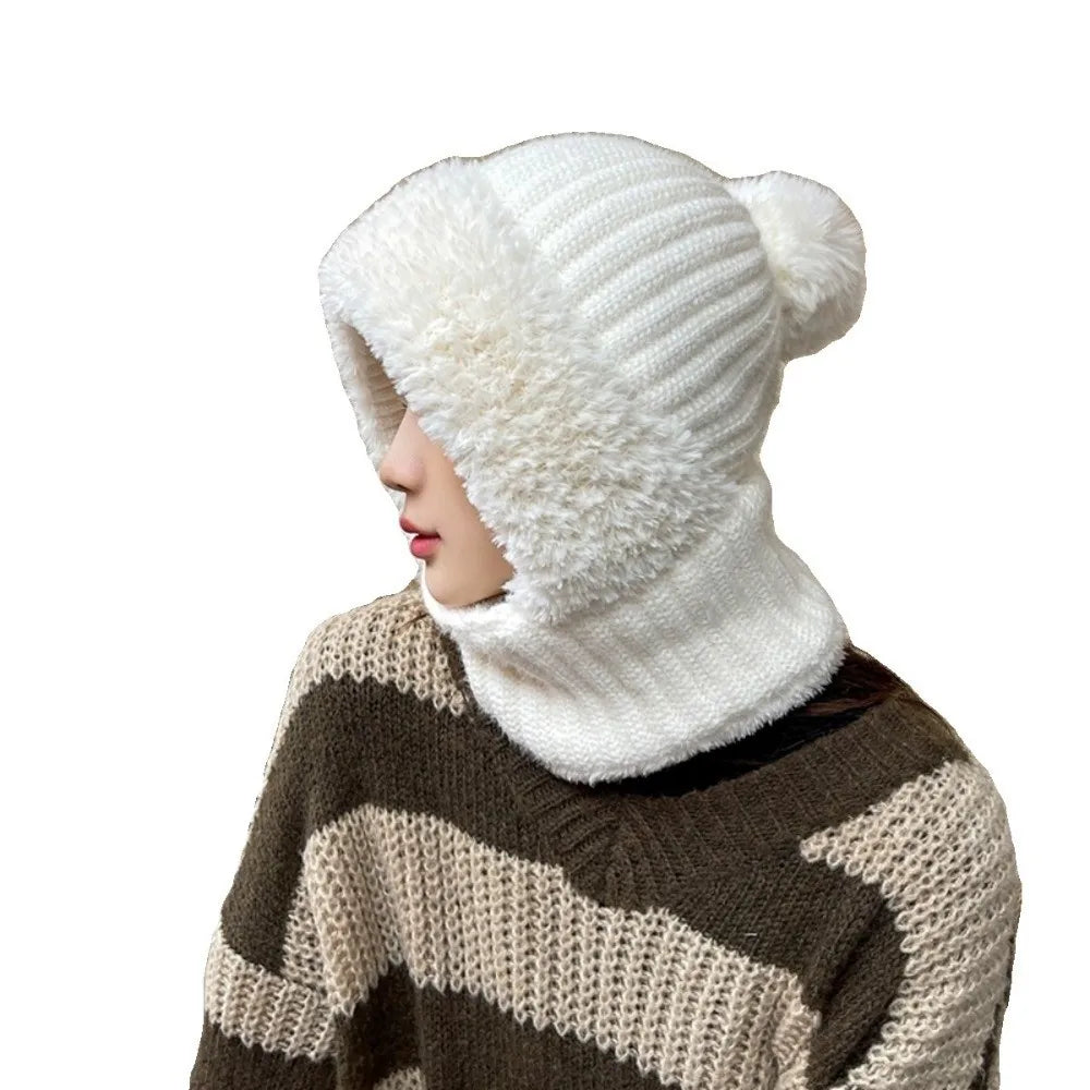 New Warm Scarf Mask Integrated Hat Windproof Coldproof Hooded Hat Pompom Beanie Hat Women