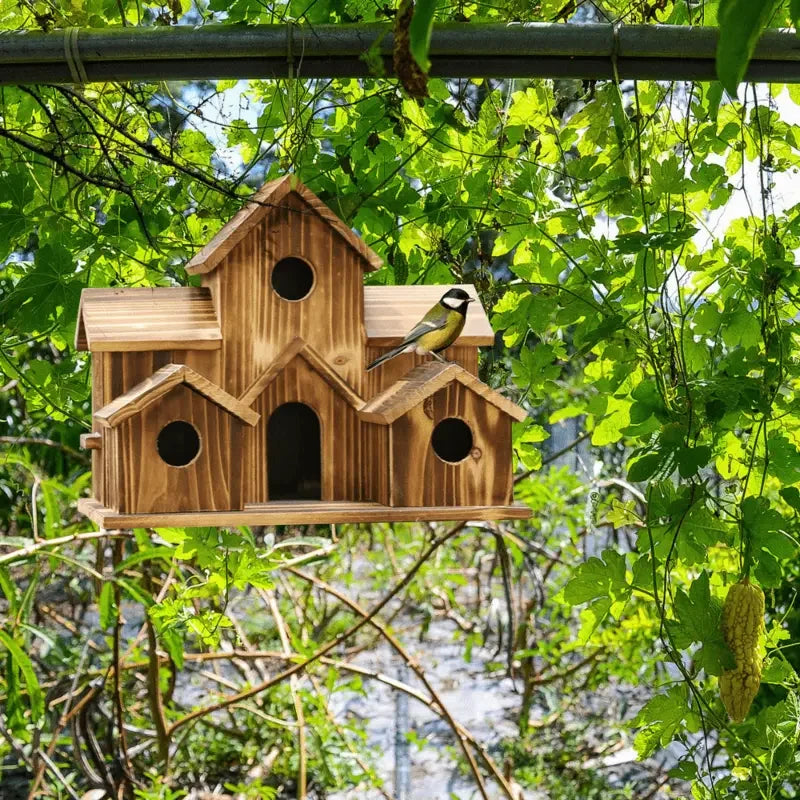 Bird house suspended in garden greenery