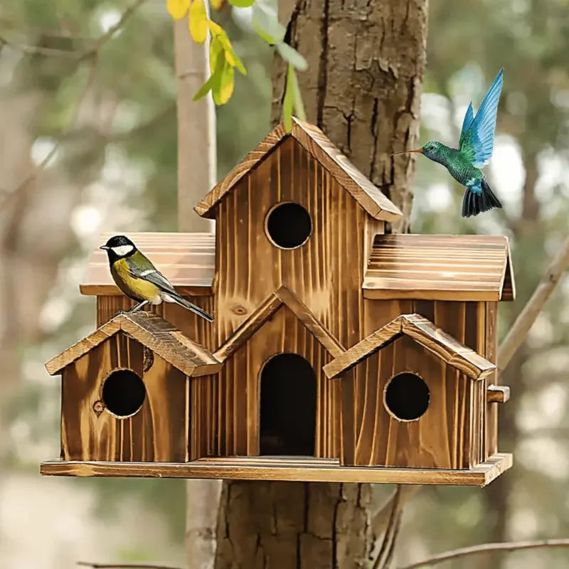 Natural wooden bird house—multi-chamber design on tree