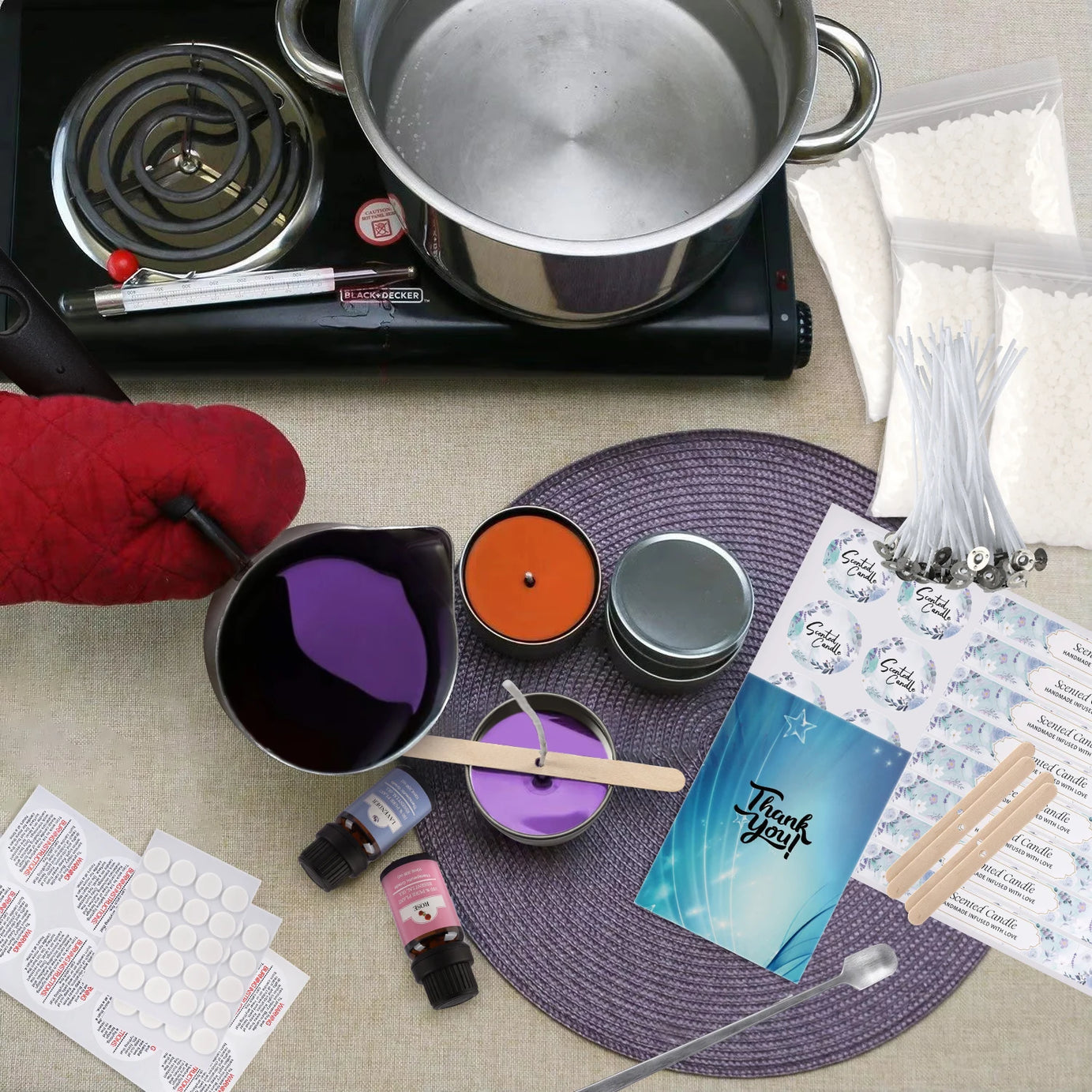 DIY Aromatherapy Candle Making Kit – Long-Handled Wax Cups, Soy Wax, Essential Oils & Stickers for Handmade Holiday Gifts