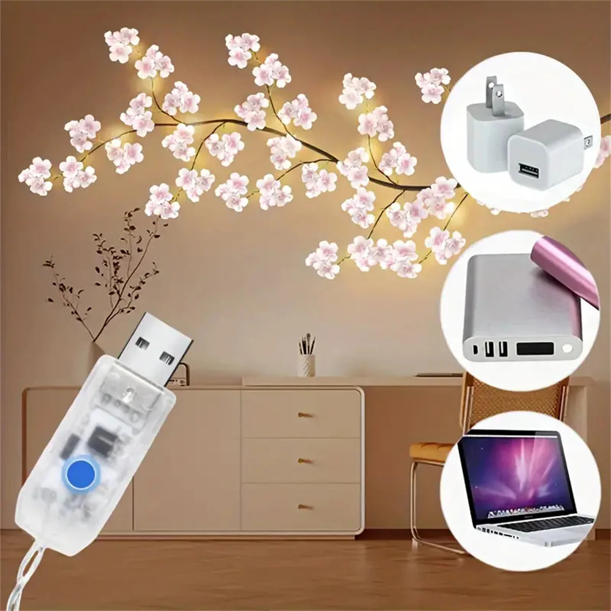 Blooming Cherry LED Branch Lights (USB, 8 Modes)