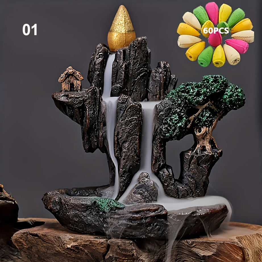 Mountains & Waterfall Backflow Incense Burner with 60 Cones